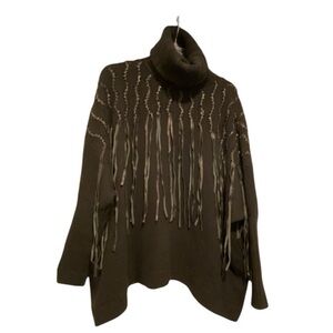 Malandrino Women’s Cashmere Leather Accented Black Turtleneck Sweater Oversized